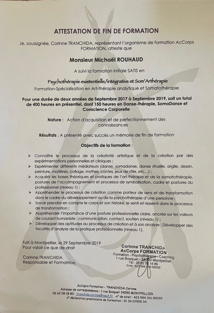 Attestation Certification Art-thérapeute et Somatothérapeute formation SATIS 2017 à 2019
