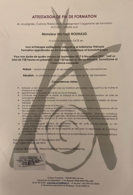 Attestation Certification Art-thérapeute et Somatothérapeute formation SATIS 2017 à 2021