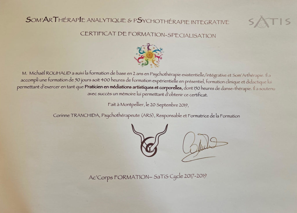 Diplome 2eme année Praticien en médiations artistiques et corporelles formation SATIS 2017 à 2019