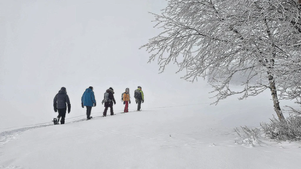 randonnée en raquette à neige dans le désert blanc de laponie suédoise