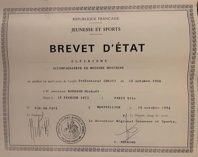 Michaël ROUHAUD diplomé du Brevet d'état éducateur Sportif Accompagnateur en Montagne